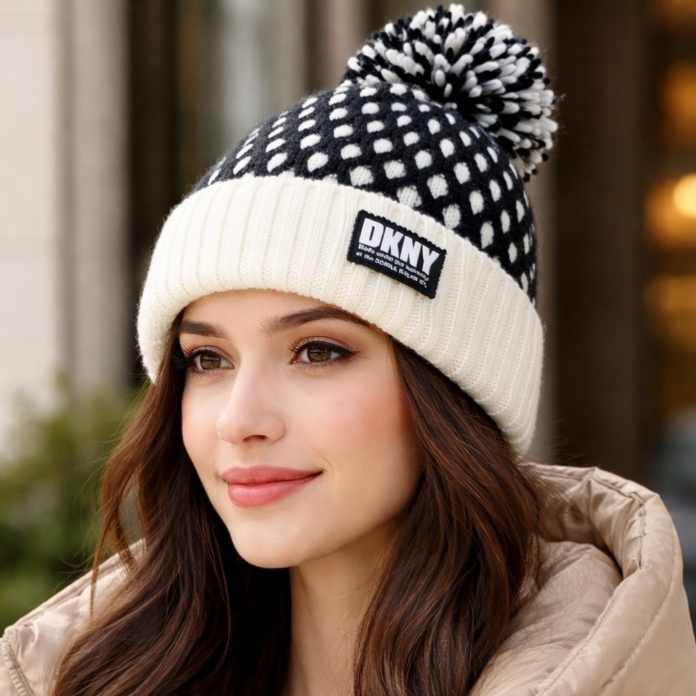 DKNY Pom-Pom Beanie – Black & Cream